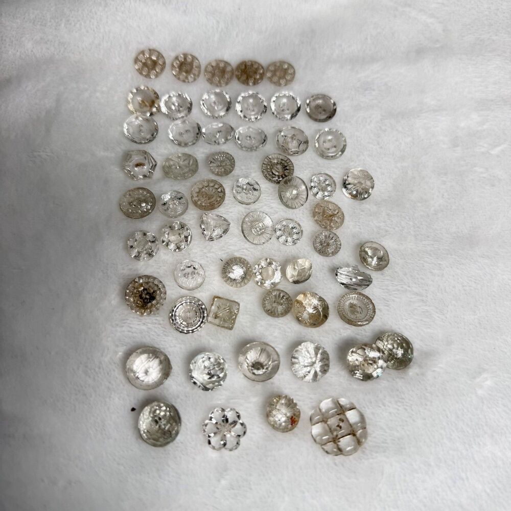 Lot 57 Vintage Clear Glass Buttons Mixed Shapes Sizes 2 Hole & Shank Sewing Craf